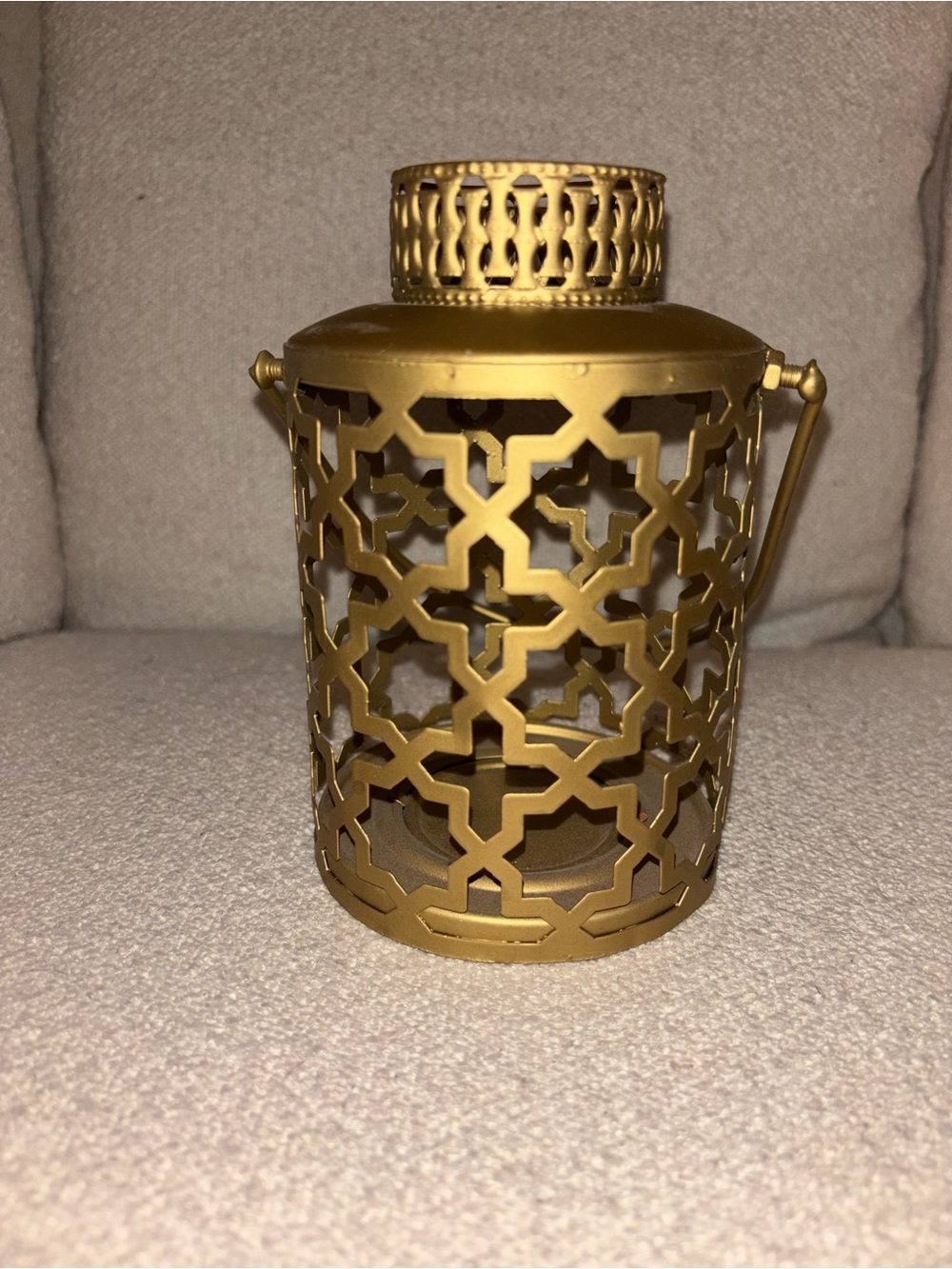 Gold Candle Lantern with Handle and Geometric Shapes